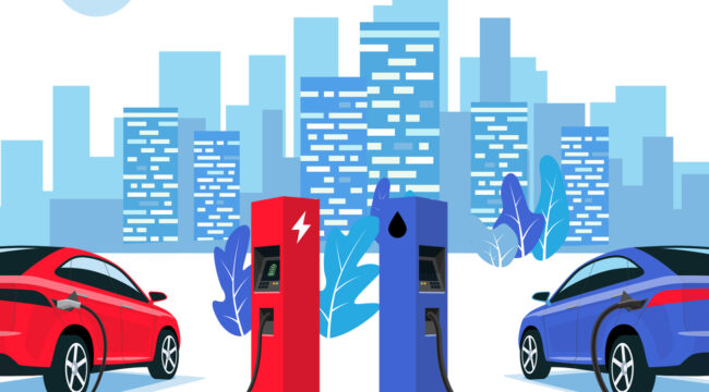 Ilustrasi pengisian bahan bakar kendaraan listrik dan kendaraan BBM