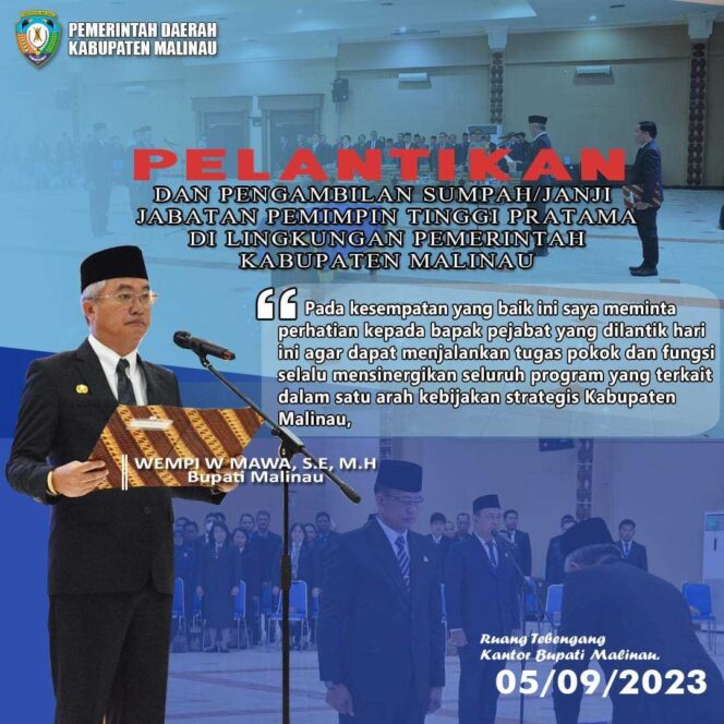 
 Bupati Malinau Wempi W Mawa,SE.,MH Melantik dan Mengambil Sumpah Janji Jabatan Pimpinan Tinggi Pratama Selasa,05/09/23.pagi
