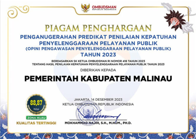 
 Malinau Raih Predikat “A” dari Ombudsman RI dengan Peningkatan Signifikan dalam Pelayanan Publik