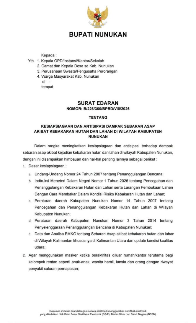 
 Bupati Nunukan Terbitkan Edaran Antisipasi Dampak Sebaran Asap Karhutla